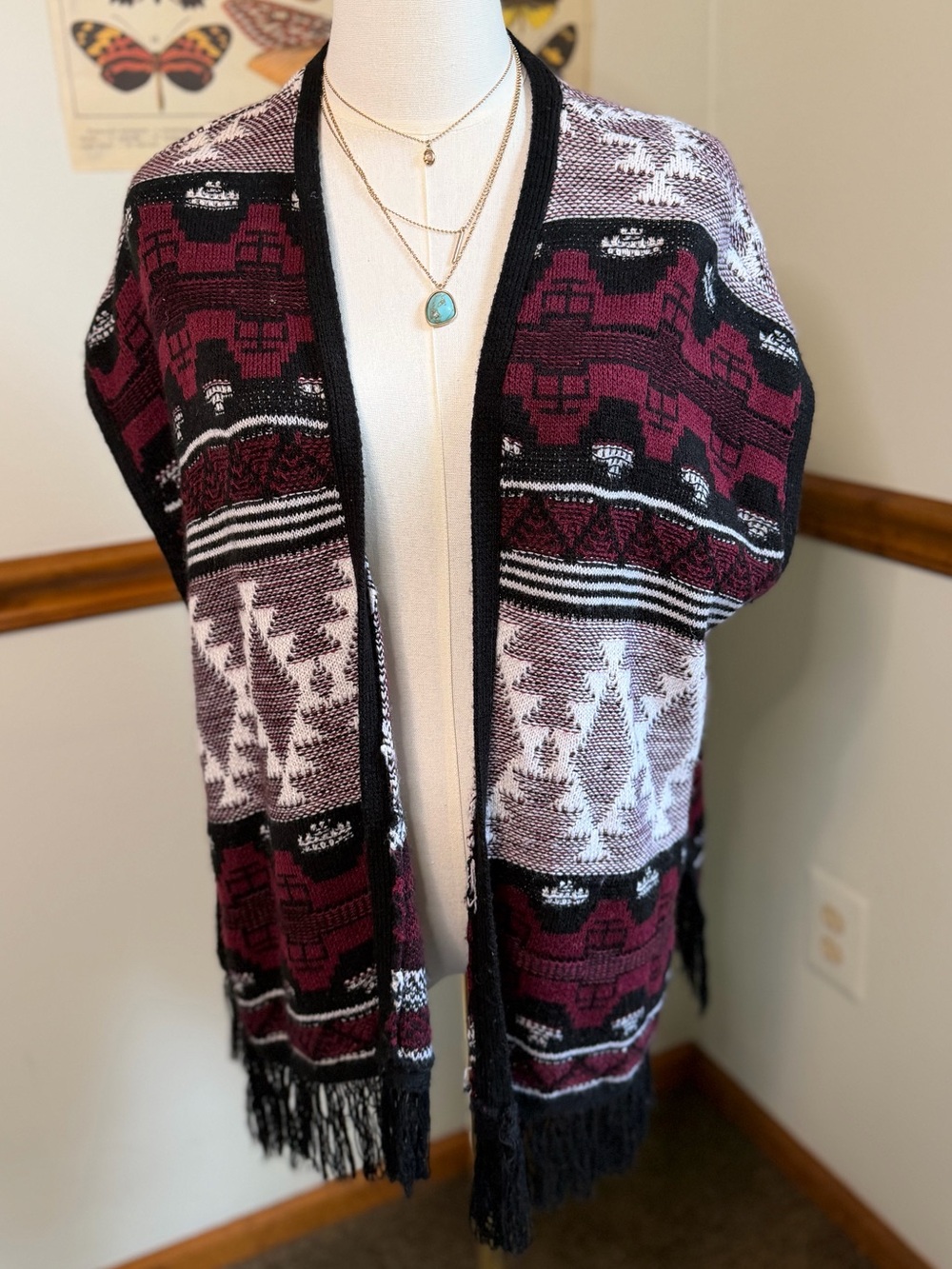 Boho Burgundy Black White Fringed Open-Front Cardigan